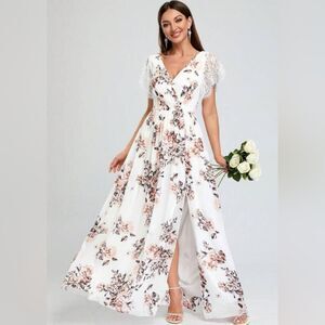Unithorse Floral Print Contrast Lace Split Thigh Bridesmaid Dress size 20